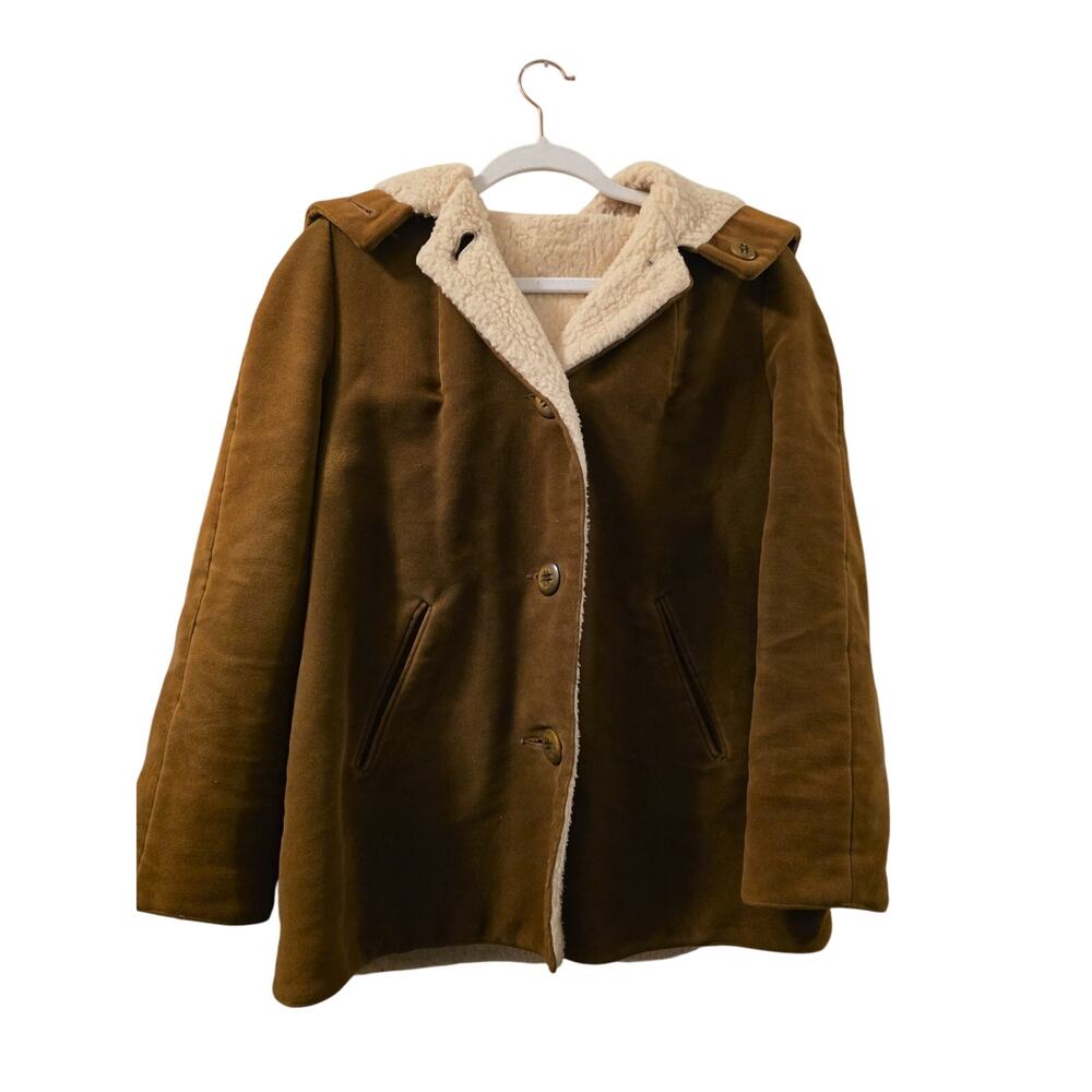 Vtg 70s Montoro Suede Faux Sherling Hooded Jacket Brown Betty Rose M Retro